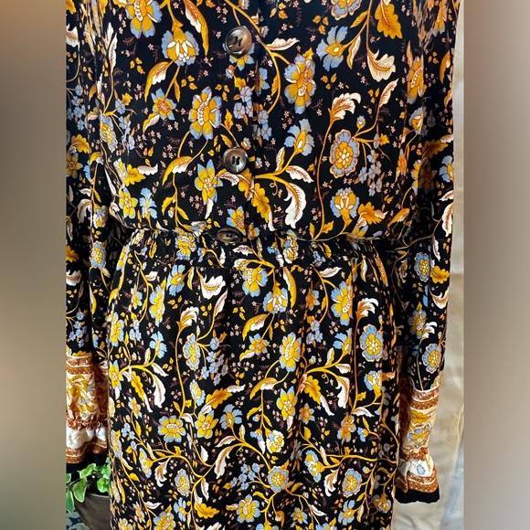 V Neck Boho Floral Print Fall Maxi Dress Yellow XL - Picture 6 of 9